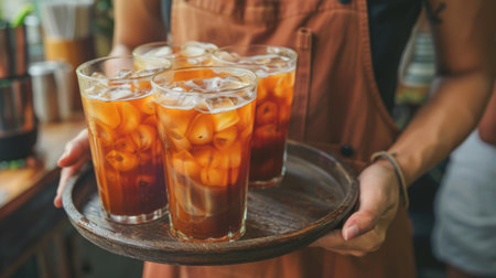 A person holding a tray with glasses of Thai iced tea, ready to serve to customersの素材