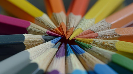 A set of colored pencils arranged in a circle with tips pointing inwardの素材