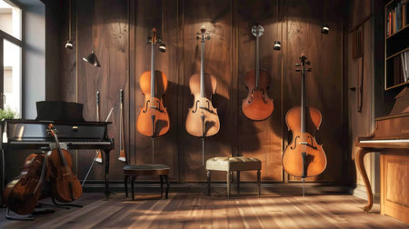 A music room with various string instruments hanging on the wall and a comfortable practice areaの素材