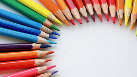 A rainbow arrangement of colored pencils neatly lined up on a white backgroundの素材