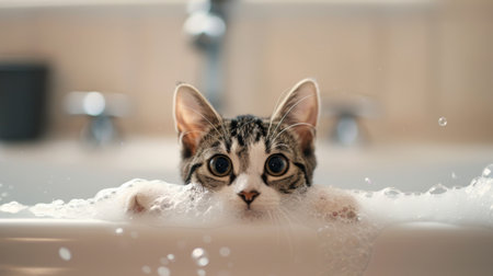 A curious cat peeking over the edge of a bathtub filled with bubbles, preparing for a bathの素材