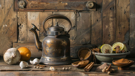 A rustic kitchen setting with a vintage kettle and ingredients for making Thai iced teaの素材
