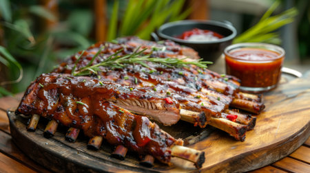 A rustic outdoor dining scene with grilled pork ribs and a variety of barbecue saucesの素材