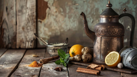 A rustic kitchen setting with a vintage kettle and ingredients for making Thai iced teaの素材