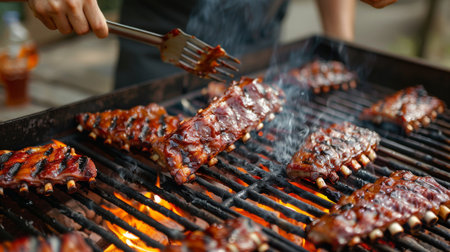 A person grilling pork ribs on a charcoal grill at a backyard barbecue partyの素材