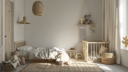 A minimalist children's bedroom with Scandinavian design elements and neutral tonesの素材