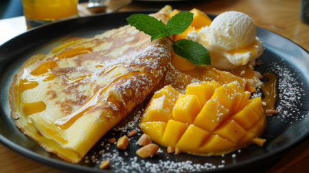 A plate of Thai-style crepes served with fresh mango slices and a scoop of coconut ice creamの素材