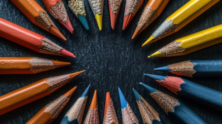 A set of colored pencils arranged in a circle with tips pointing inwardの素材