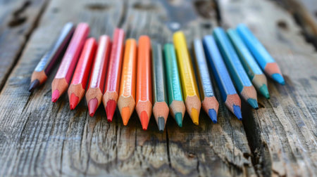 A set of colored pencils arranged in a heart shape on a wooden surfaceの素材