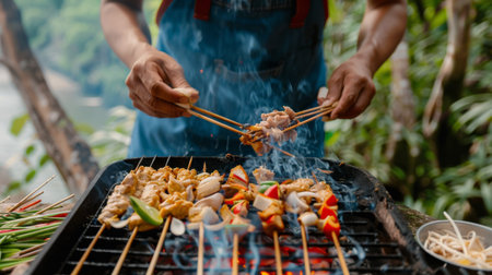 A person grilling chicken skewers on a barbecue grill and preparing som tam in a garden settingの素材