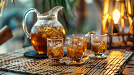 A Thai restaurant scene with a pitcher of Thai iced tea and traditional tea cups on a bamboo matの素材