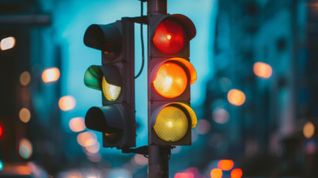 A traffic light pole with directional signs and signals for vehicles and pedestriansの素材