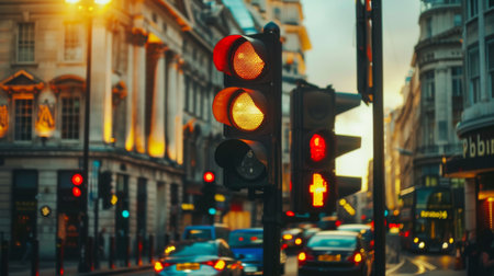 A traffic light mounted on a busy street corner, surrounded by urban architectureの素材