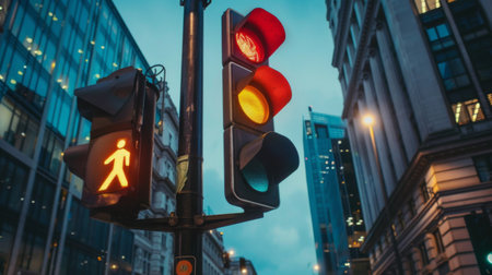 A traffic light pole with directional signs and signals for vehicles and pedestriansの素材