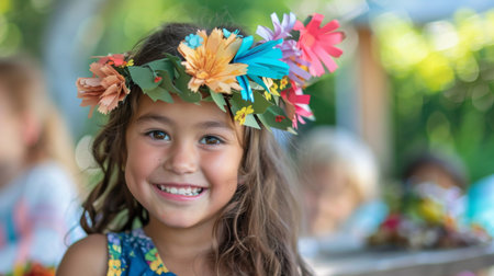 A young girl wearing a handmade paper flower garland, smiling brightly at a garden partyの素材