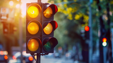 A traffic light showing a yellow caution signal, warning drivers to slow down before intersectionの素材