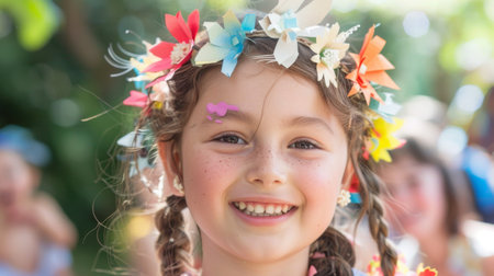 A young girl wearing a handmade paper flower garland, smiling brightly at a garden partyの素材