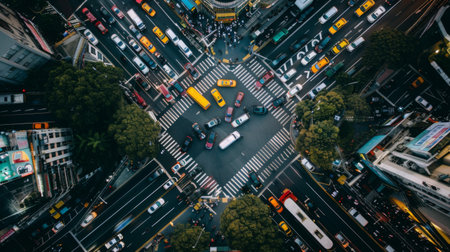 Aerial view of gridlocked traffic in a city intersection, illustrating peak commute hoursの素材