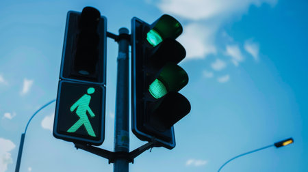 A traffic light pole with directional signs and signals for vehicles and pedestriansの素材