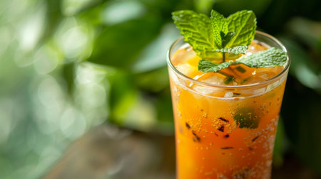 Close-up of a refreshing Thai iced tea served in a traditional Thai tea glass, garnished with mint leavesの素材