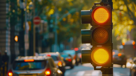 A traffic light showing a yellow caution signal, warning drivers to slow down before intersectionの素材