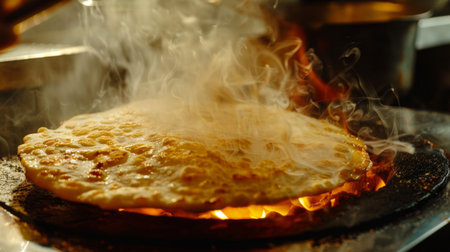 Close-up of a traditional Thai roti being cooked on a hot griddle, with steam risingの素材