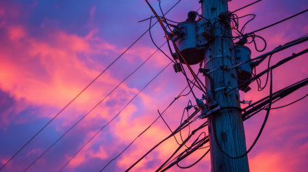 Close-up of wires and cables attached to a weathered telephone pole against a sunset skyの素材