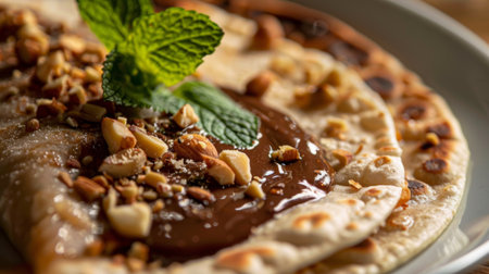 Close-up of a freshly made roti filled with Nutella and chopped nuts, garnished with mint leavesの素材