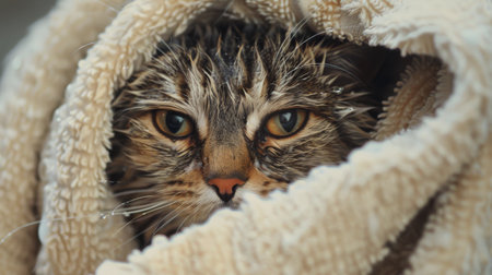 Close-up of a wet cat wrapped in a towel after a bath, looking cozy and slightly grumpyの素材