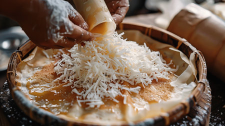 Close-up of a Thai-style crepe being filled with shredded coconut and sweetened condensed milkの素材