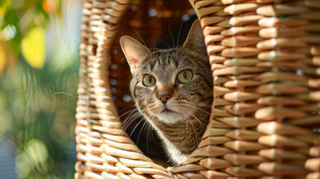 Close-up of a cat peeking out from a woven wicker cat house placed on a sunny porchの素材