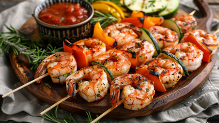 Grilled shrimp skewers arranged neatly on a platter with grilled vegetables and dipping sauceの素材