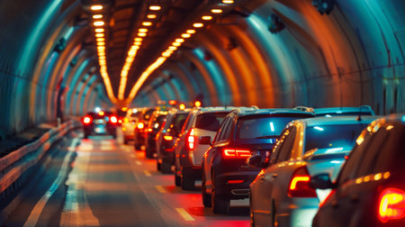 Traffic congestion in a tunnel with cars slowly moving towards the exit during rush hourの素材