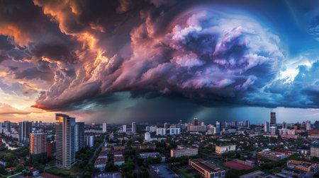 A breathtaking view of storm clouds gathering ominously over a city skyline, hinting at impending rain.の素材