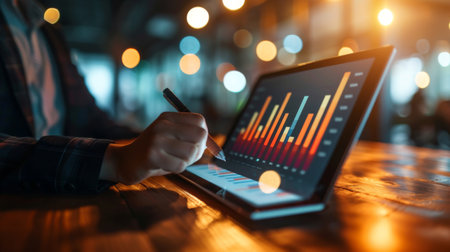 A bar graph displayed on a tablet screen, held by a professional reviewing market trends in a cozy office.の素材