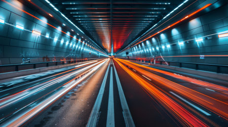 A car passing through a tunnel with dramatic lighting, showcasing modern infrastructure and transportation routesの素材