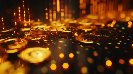 A close-up of a bar graph tracking gold prices over time, with gold coins scattered around.の素材