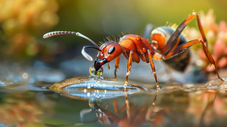 A close-up of an ant drinking water from a droplet, capturing a rare moment of their everyday life.の素材