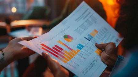 A close-up of hands holding a printed report with bar graphs and discussing financial strategies.の素材