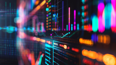 A close-up of a computer screen displaying a colorful bar graph with various data points, representing business growth.の素材