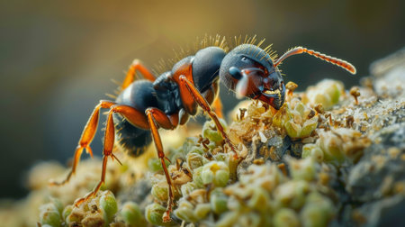 A close-up of an ant carrying a seed, illustrating its role in seed dispersal and plant growthの素材