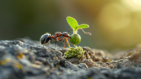 A close-up of an ant carrying a seed, illustrating its role in seed dispersal and plant growthの素材