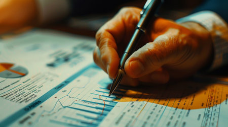 A close-up of a hand holding a pen, pointing at a financial graph on a printed report during a meeting.の素材