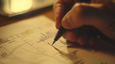 A close-up of a hand drawing a bar graph on a piece of paper, illustrating data analysis.の素材