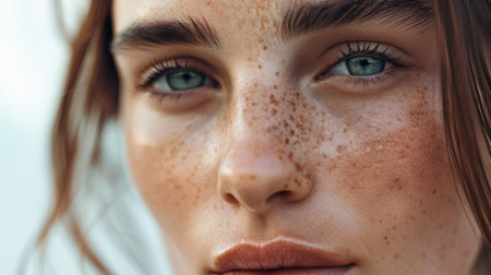 A close-up of a woman's face with flawless skin, showcasing natural beauty and youthfulness.の素材