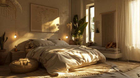 A cozy bedroom in a minimalist decor, with a simple bed, neutral colors, and soft lighting.の素材