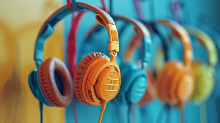A close-up of colorful headphones hanging on a hook, ready to be picked up and used.の素材