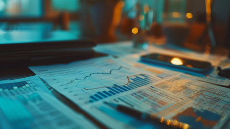A close-up of financial graphs and charts spread out on a desk, indicating thorough market analysis.の素材