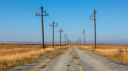 A row of telephone poles stretching along a rural road, with clear blue sky in the backgroundの素材