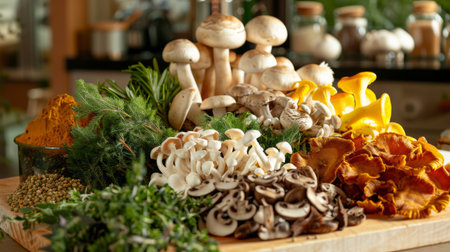 A variety of edible mushrooms displayed with herbs and spices on a kitchen counterの素材